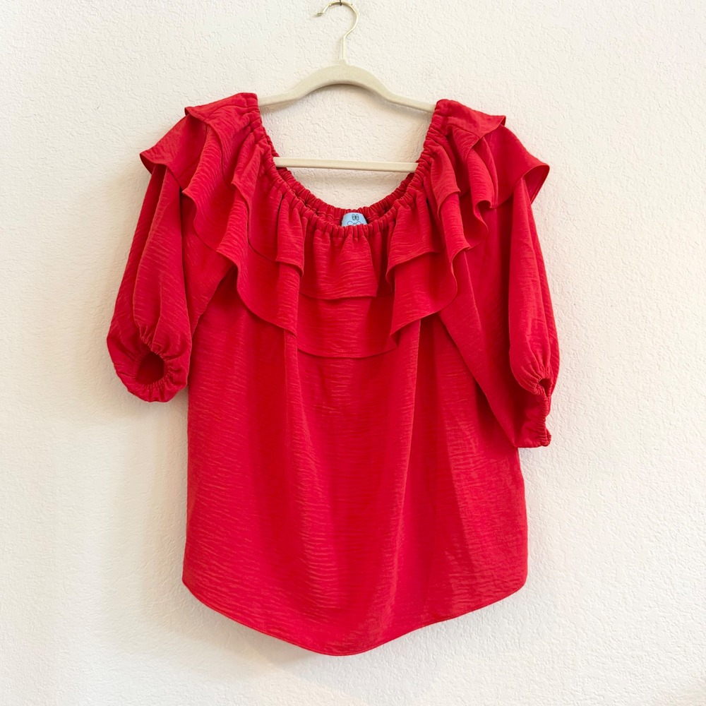 CeCe Womens Red Ruffle Off The Shoulder Blouse Short Puff Sleeve Top Size M